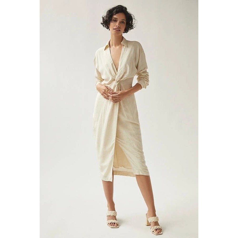 Anthropologie Linen Blend Twist Front Midi Dress Womens 16 Beige Long Sleeve
